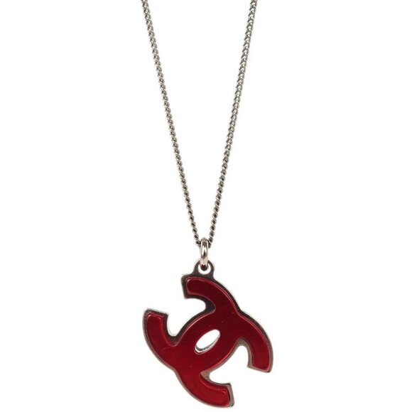 Chanel CC Chain Pendant Necklace Acrylic Silver Red Black - Picture 1 of 8